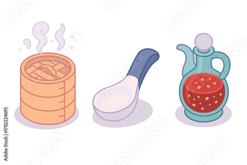 Isometric Asian food accessories steaming basket ceramic spoon sauce dispenser