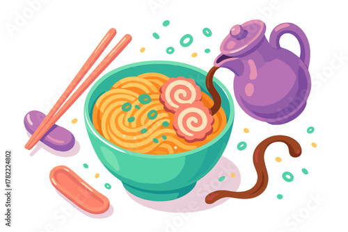 Colorful bowl of ramen noodles served with narutomaki fish cake and chopsticks
