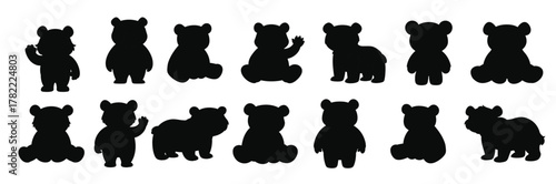 Set of brown toy bears isolated on a white background. Cute cartoon plush bears. Concept of kids toys, childhood, fun, game, playtime. Print, icon, design elements