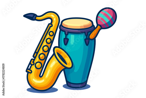 Stylized collection of musical instruments: golden saxophone, turquoise conga drum, striped maraca