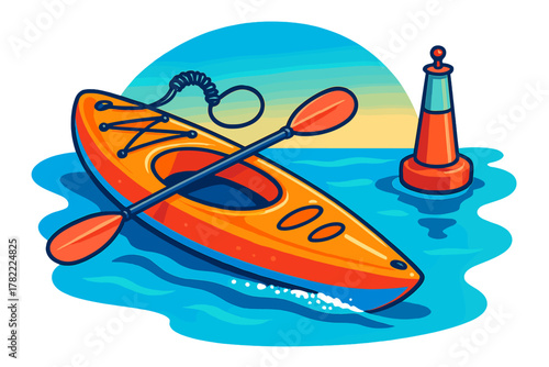 Colorful recreational kayak with a paddle near a marine buoy marker on the open water surface