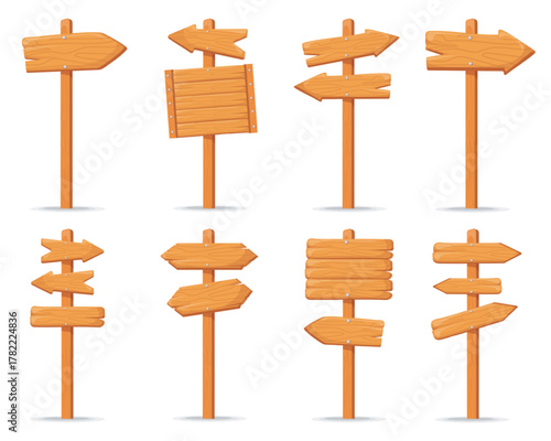 Wooden direction signs. Wood pointers, cartoon plank board road way signpost arrow street sign post pole game set signboard billboards city vintage pointer neat vector illustration