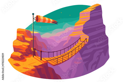 Wooden suspension bridge spanning a deep gorge between vibrant orange and purple rock formations under a twilight sky