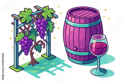 Isometric vineyard scene with ripe purple grapes, wooden barrel, and glass of red wine