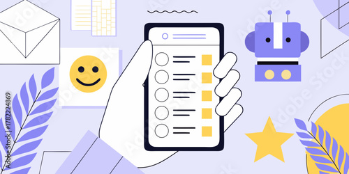 Hand holding smartphone displaying a list with checkboxes and icons surrounded by abstract shapes and illustrations