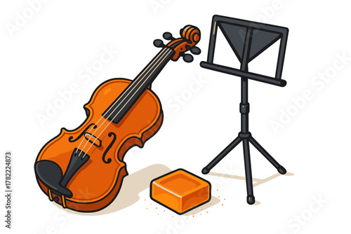 Classic wooden violin, rosin block, and black metal music stand isolated on white