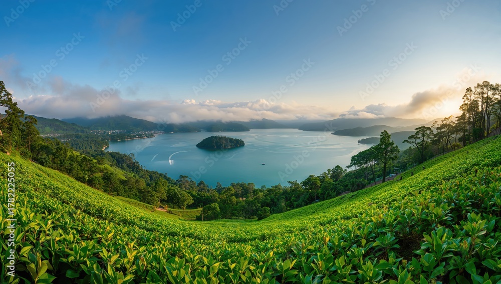 Fototapeta premium Wide-angle shot of the Enigmatic Reservoir and Tea Plantation Under Misty Skies