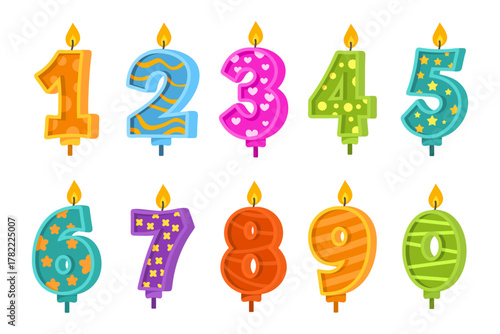 Cartoon number candles. Birthday candle for cake, anniversary celebration party age numbers design 1 2 3 4 5 6 7 8 9 shape first bday baby day holiday, kicky vector illustration
