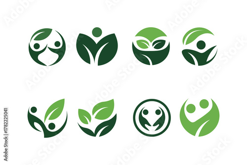 Collection of green eco friendly logos with human and leaf elements