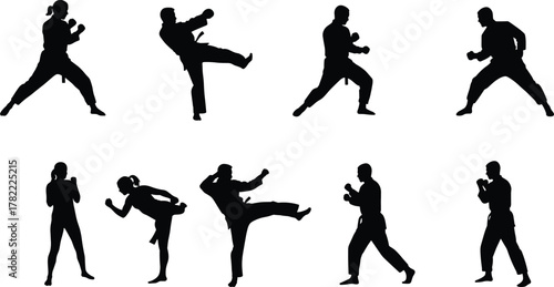 Martial arts silhouettes with diverse stances, karate and kickboxing poses, combat sport training illustration, discipline practice movements, fighter action scene, flat vector