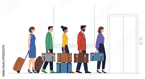 Diverse group of professionals patiently wait to board an elevator with their luggage, symbolizing travel and business journeys