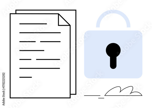 Locked padlock beside a stack of papers with text lines. Ideal for privacy, data protection, confidentiality, cybersecurity, document safety, access control, simple flat metaphor