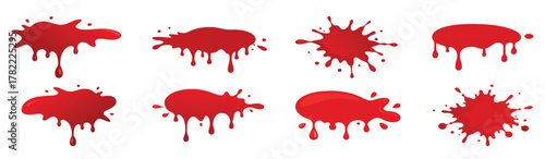 Set of Various Red Blood Stains or Paint Blots Isolated on White Background. Concept of Blood Drips, Splashes, Liquid Effects for Halloween, Crime Scenes, Graphic Design Elements