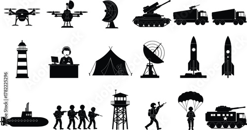 Military defense silhouette vector set, army equipment illustration, soldier weapon icon design, communication infrastructure system, security operation flat vector