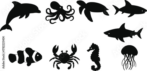 Sea animal silhouettes, marine life icons, dolphin shark turtle octopus crab seahorse jellyfish clownfish, black ocean wildlife design set, flat vector