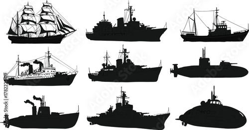 Photography Ship silhouettes, submarines, sailing vessels, steamships, battleships, cargo sh