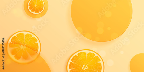 Orange cosmetic background. Realistic oranges glassmorphism plates vitamin c serum molecule beauty nature fruit product display clean minimalist design 3d glass vector illustration