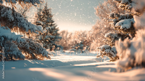 Snowy forest scene with sunlight filtering through the trees and snow falling gently down on the ground