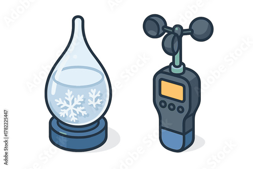Traditional storm glass weather predictor next to a modern digital wind speed measuring device