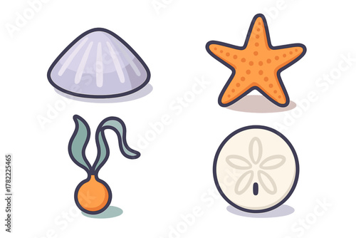 Stylized set of ocean elements including a clam shell, sea star, sand dollar, and aquatic plant