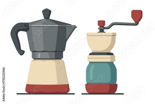 Classic Moka pot espresso maker and vintage manual coffee grinder set