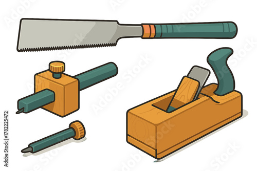 Classic carpentry tools assortment featuring backsaw, wooden hand plane, and marking gauge