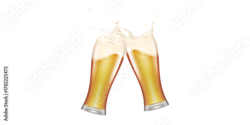 Realistic beer cheers. Two glass lager beer with foam, alcohol pint toast tall isolated mug cold yellow drink bubbles advertising banner transparent background vector illustration
