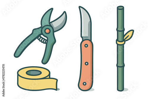 Collection of essential tools and supplies for gardening, pruning, and plant grafting: shears, knife, tape, and bamboo stake