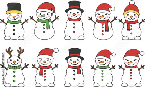 Cute snowman characters in festive Christmas hats and scarves, winter holiday cartoon illustration, cheerful snowmen collection for seasonal decoration design