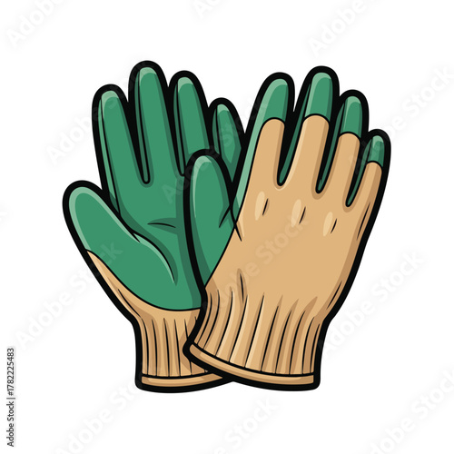 Vector Illustration of Gardening Gloves in Realistic Style Featuring Green and Tan Colors Suitable for Gardening and Workwear Branding