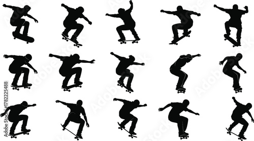 Skateboarder silhouettes performing tricks, jumps, flips, balance moves, dynamic skateboarding action sequence illustration, extreme sports activity design, urban lifestyle, flat vector