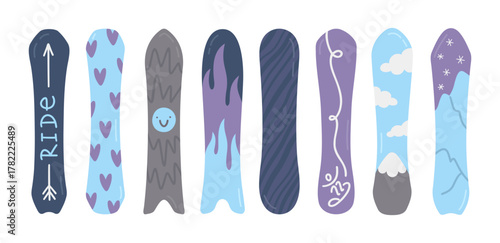 Winter illustrations of snowboards. Different shape, size and colours boards for snowboarding. Vector design elements. Winter sport equipment on white background