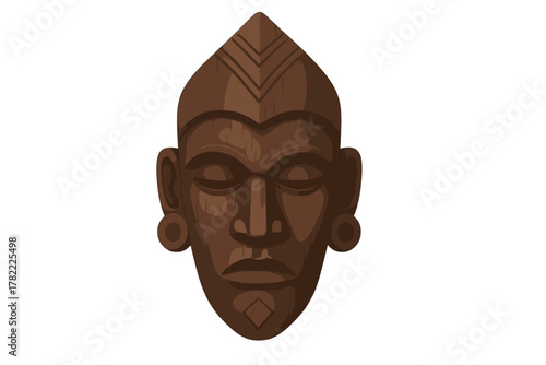 Traditional dark brown carved wooden mask with tribal markings and ear ornaments