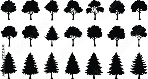 Silhouette tree collection, forest nature icons, coniferous and deciduous tree shapes, black foliage design set, botanical landscape illustration, flat vector