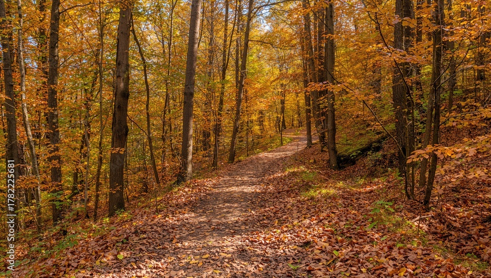 Obraz premium Forest path blanketed in fall foliage, seasonal change