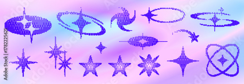 Y2k pixel star shapes in vibrant blue - abstract cosmos icons with halftone dots on holographic gradient background. Retro space elements for nostalgic web design or futuristic digital aesthetics.