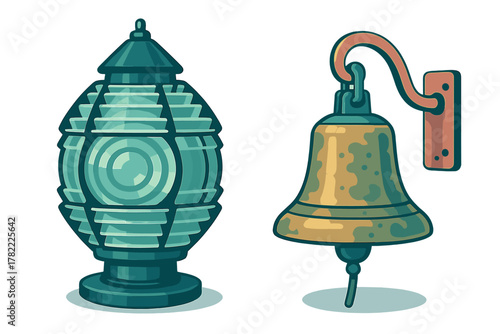 Vintage nautical ship bell and lighthouse lantern set isolated on white background