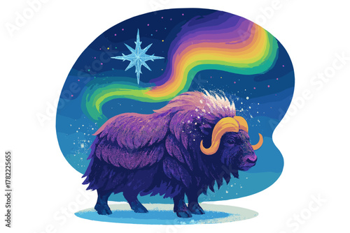 Purple musk ox with golden horns standing beneath vibrant rainbow aurora borealis