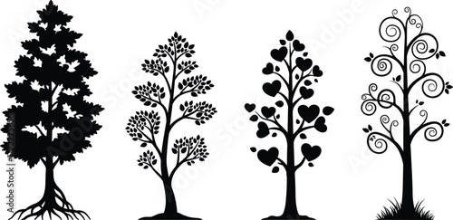 Stylized tree silhouettes, decorative foliage icons, fantasy and romantic tree shapes, black botanical design set, creative woodland illustration, landscape elements, flat vector