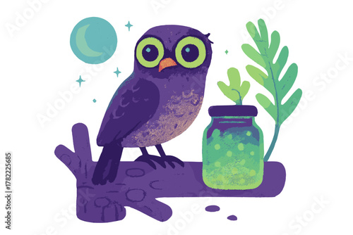Cute purple owl perched on a branch next to a magical glowing terrarium jar