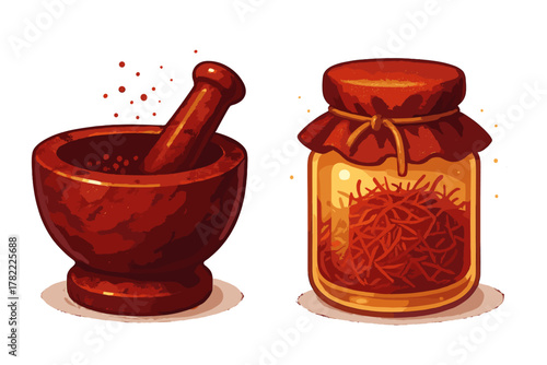 Wooden mortar and pestle next to a glass jar filled with valuable saffron spice threads