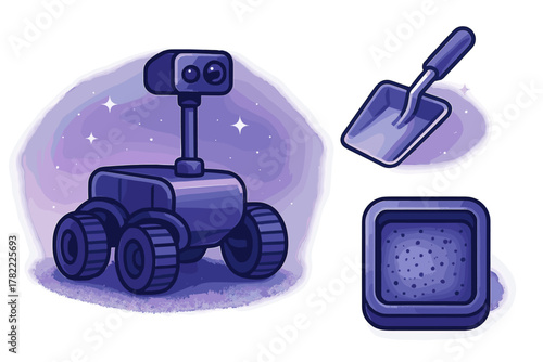 Robotic space exploration rover with sampling tools and soil sample icons for science missions