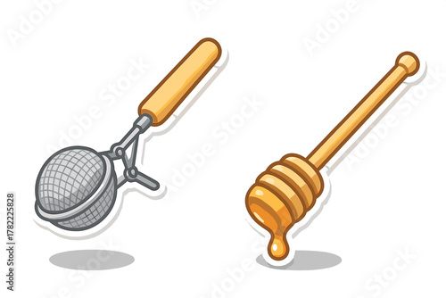 Tea infuser ball and wooden honey dipper dripping golden liquid on white background