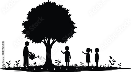 Tree watering silhouettes, adult and children, eco education, family nature care, environmental stewardship, sustainability teaching, growth nurturing, outdoor activity, garden scene, flat vector