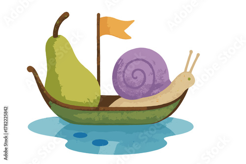Whimsical snail sailing in a small boat using a pear as the sail and mast on blue water