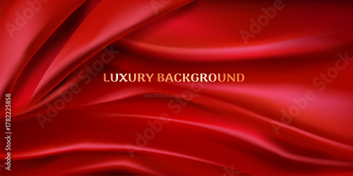 Red silk background. Realistic velvet panoramic backdrop, satin cloth fabric luxury texture curtain shiny wave premium product presentation advertising banner vector illustration
