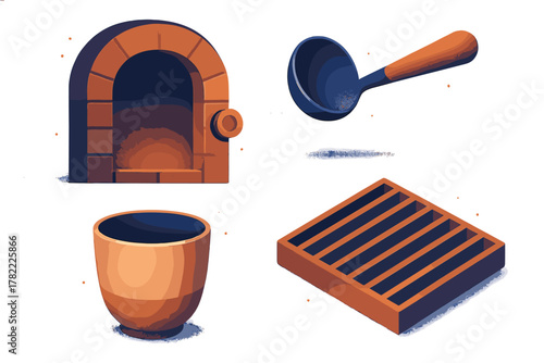 Set of traditional cooking and baking tools including brick oven arch, ladle, pot, and cooling rack
