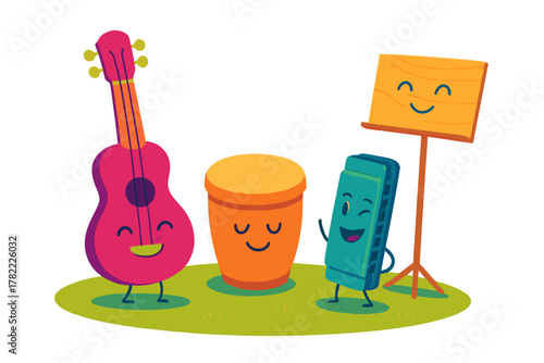 Happy musical instruments standing together on a patch of grass including a ukulele drum and harmonica
