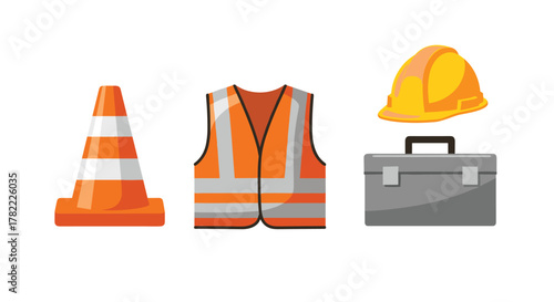 Essential safety gear including a traffic cone, high visibility vest, hard hat, and tool bag for construction and industrial work