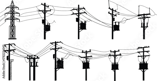 Utility pole and transmission tower silhouette vector set, electrical transformer illustration, power line infrastructure design, energy distribution flat vector